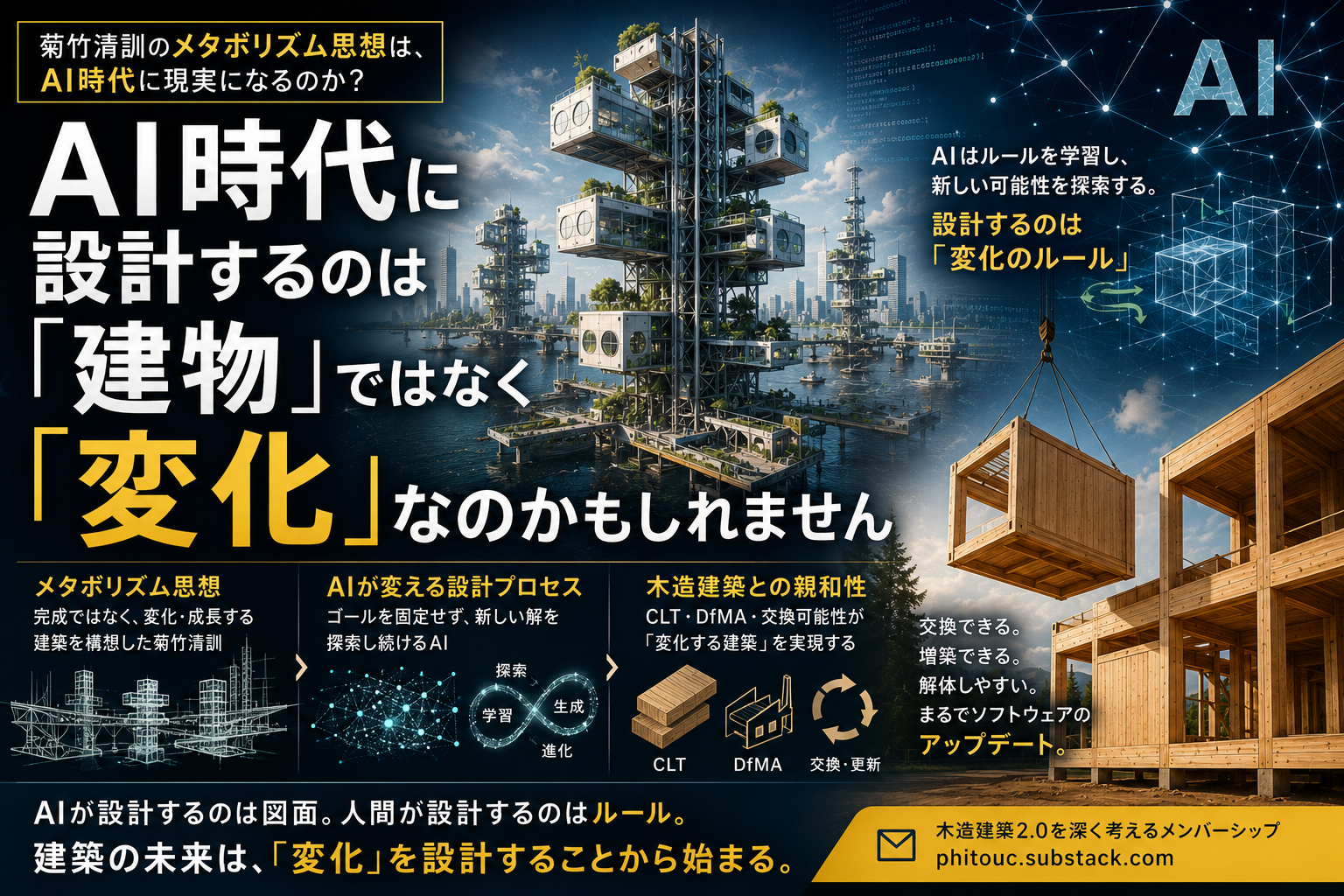 設計のアルゴリズムを「人間が書く」から「AIが進化させる」へ——菊竹清訓思想とNovelty Searchの構造的共鳴